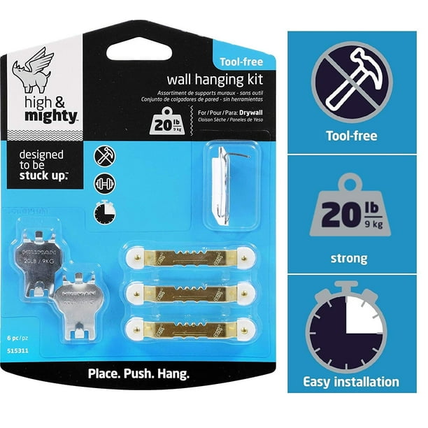20LB Limit HIGH /& MIGHTY 515311 Tool Free Picture Hanging Kit 6 Pieces